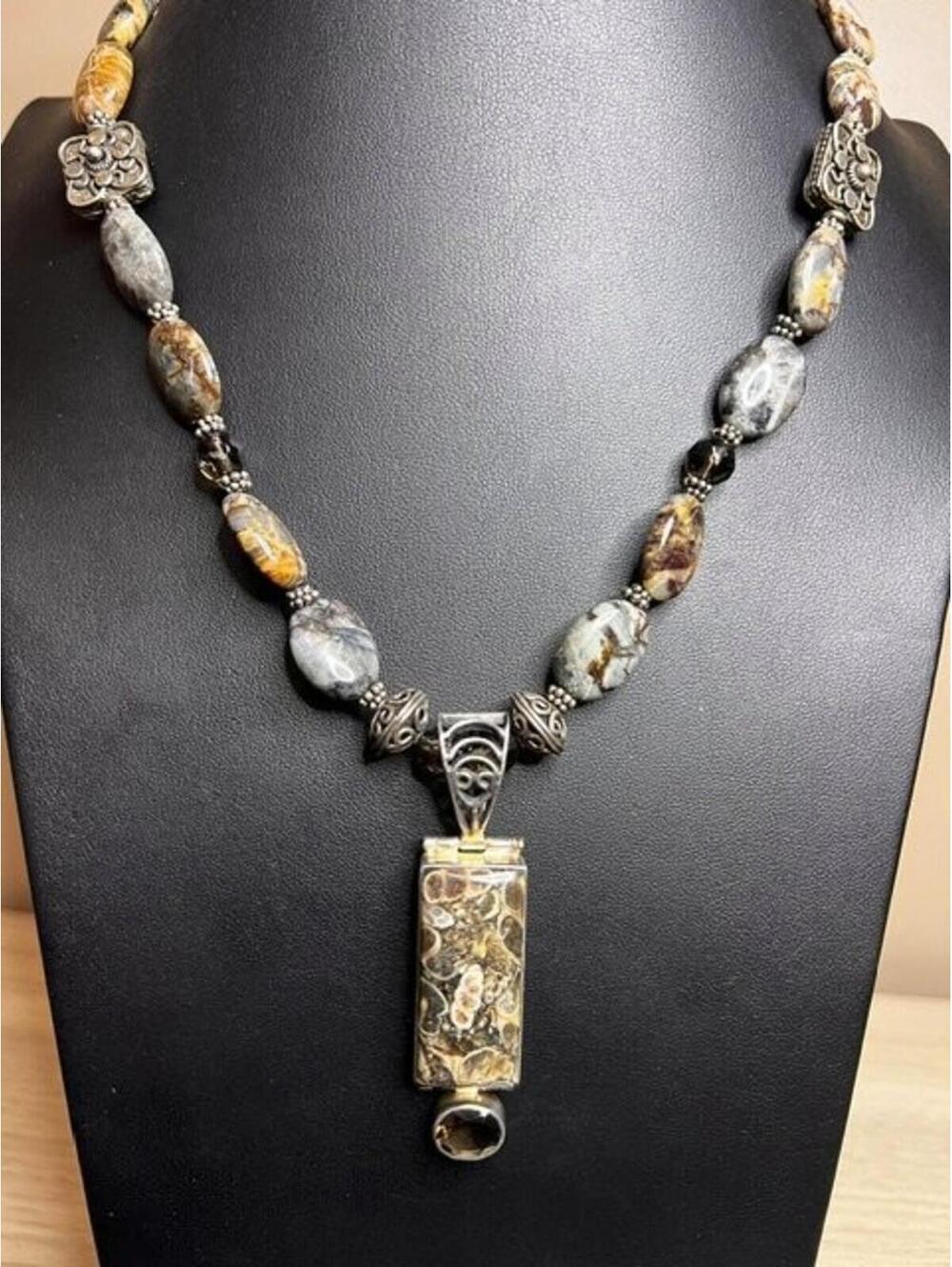 B5176 VTG SAJEN Turritella fossil Agate Necklace Sterling 925 smoky Quartz 20"
